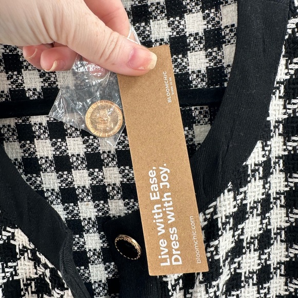 Bloomchic Black & White 90’s Houndstooth Plaid Knot Cardigan Blazer Jacket - Picture 3 of 6